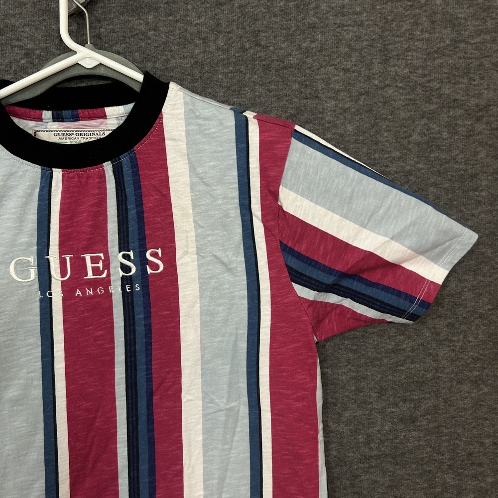 VTG 90 Guess Vertical Striped Embroidered Spellout Short Sleeve Shirt Size Small - Picture 3 of 14
